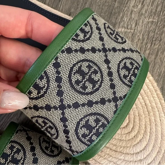 Tory Burch T monogram sandals Green and Beige Women's Slides espadrille size 8.5 - Picture 6 of 13